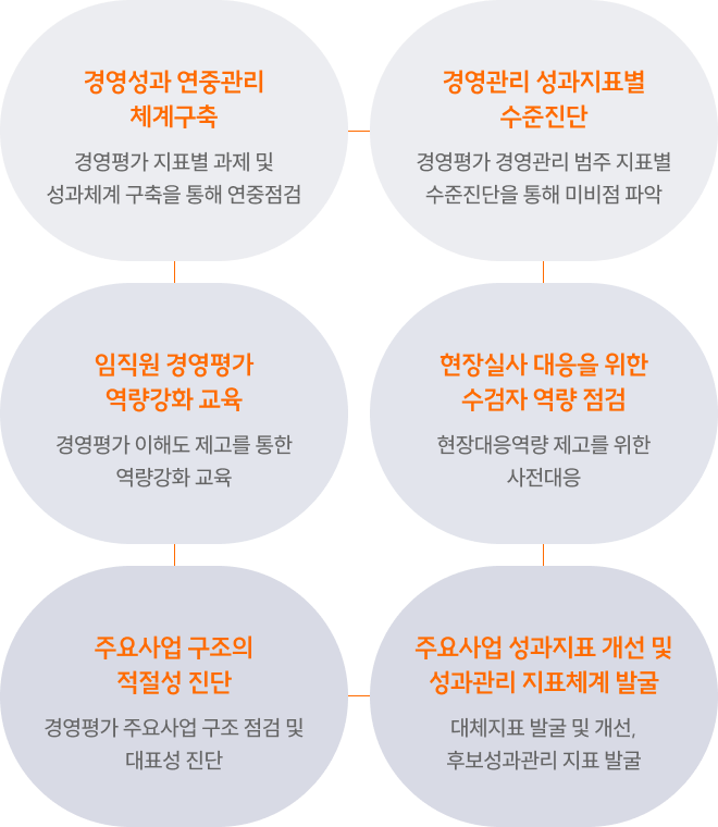 경영성과 연중관리 체계구축 - 경영평가 지표별 과제 및 성과체계 구축을 통해 연중점검, 경영관리 성과지표별 수준진단 - 경영평가 경영관리 범주 지표별 수준진단을 통해 미비점 파악, 현장실사 대응을 위한 수검자 역량 점검 - 현장대응역량 제고를 위한 사전 대응, 주요사업 성과지표 개선 및 성과관리 지표체계 발굴 - 대체지표 발굴 및 개선, 후보성과관리 지표 발굴, 주요사업 구조의 적절성 진단 - 경영평가 주요사업 구조 점검 및 대표성 진단, 임직원 경영평가 역량강화 교육 - 경영평가 이해도 제고를 통한 역량강화 교육